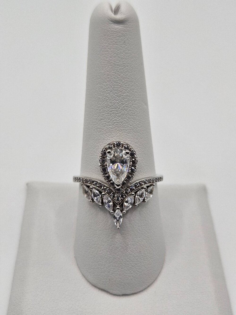 .925 Sterling Silver Moissanite Pear Tiara Crown Ring Size 9 Passes Tester